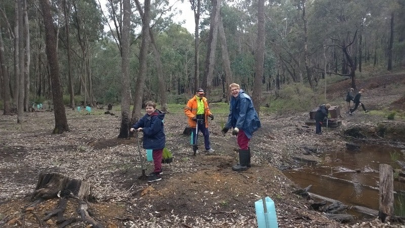 People planting seedlings on National Tree Day at Gooralong Brook, Jarrahdale
