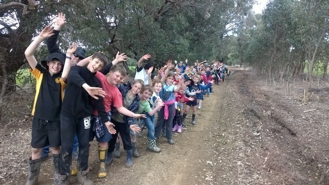 North Dandalup Primary School children standing on Beau Sovereign Drive 
